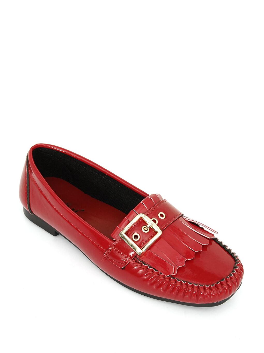 Kırmızı Yuvarlak Burun Düz Taban Tokalı Püsküllü Kadın Babet 30151-2