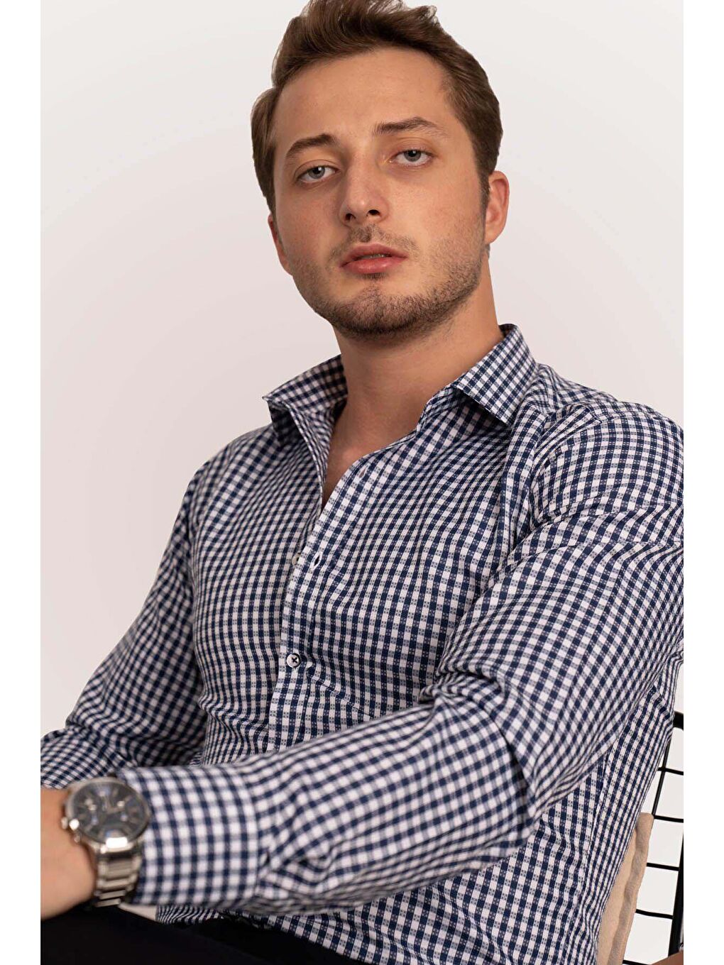 Beyaz Lacivert Kareli Slimfit Erkek Gömlek-1