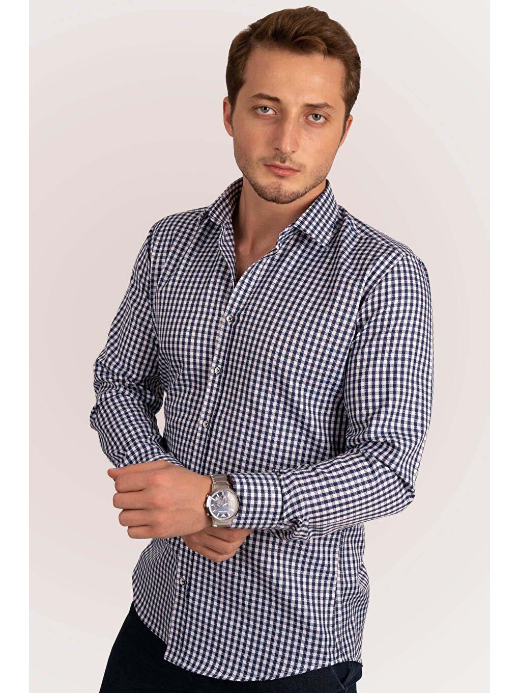 Beyaz Lacivert Kareli Slimfit Erkek Gömlek-2