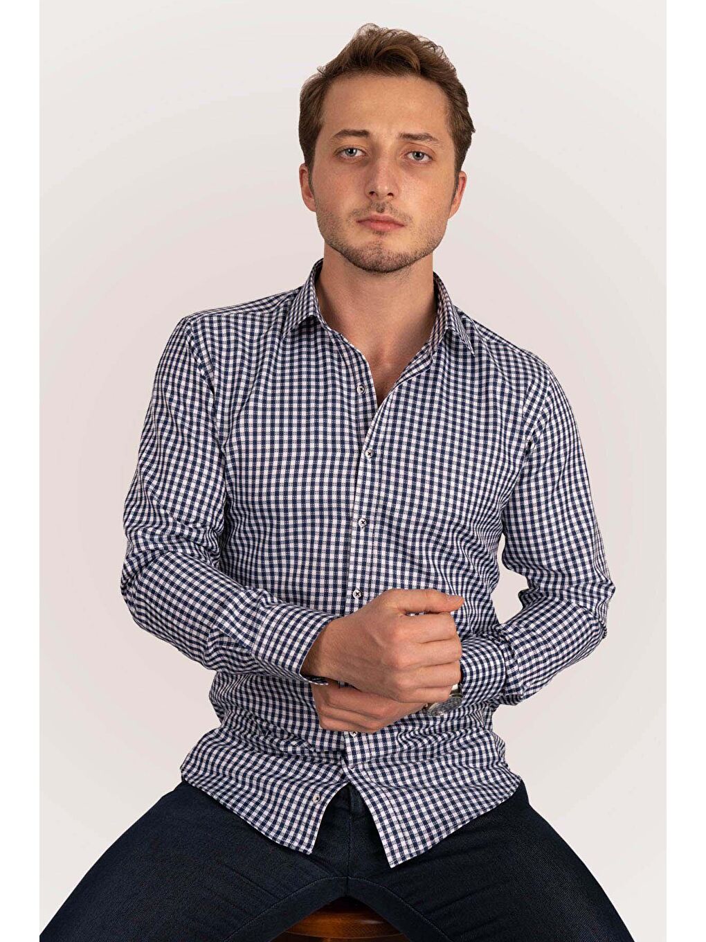 Beyaz Lacivert Kareli Slimfit Erkek Gömlek-4