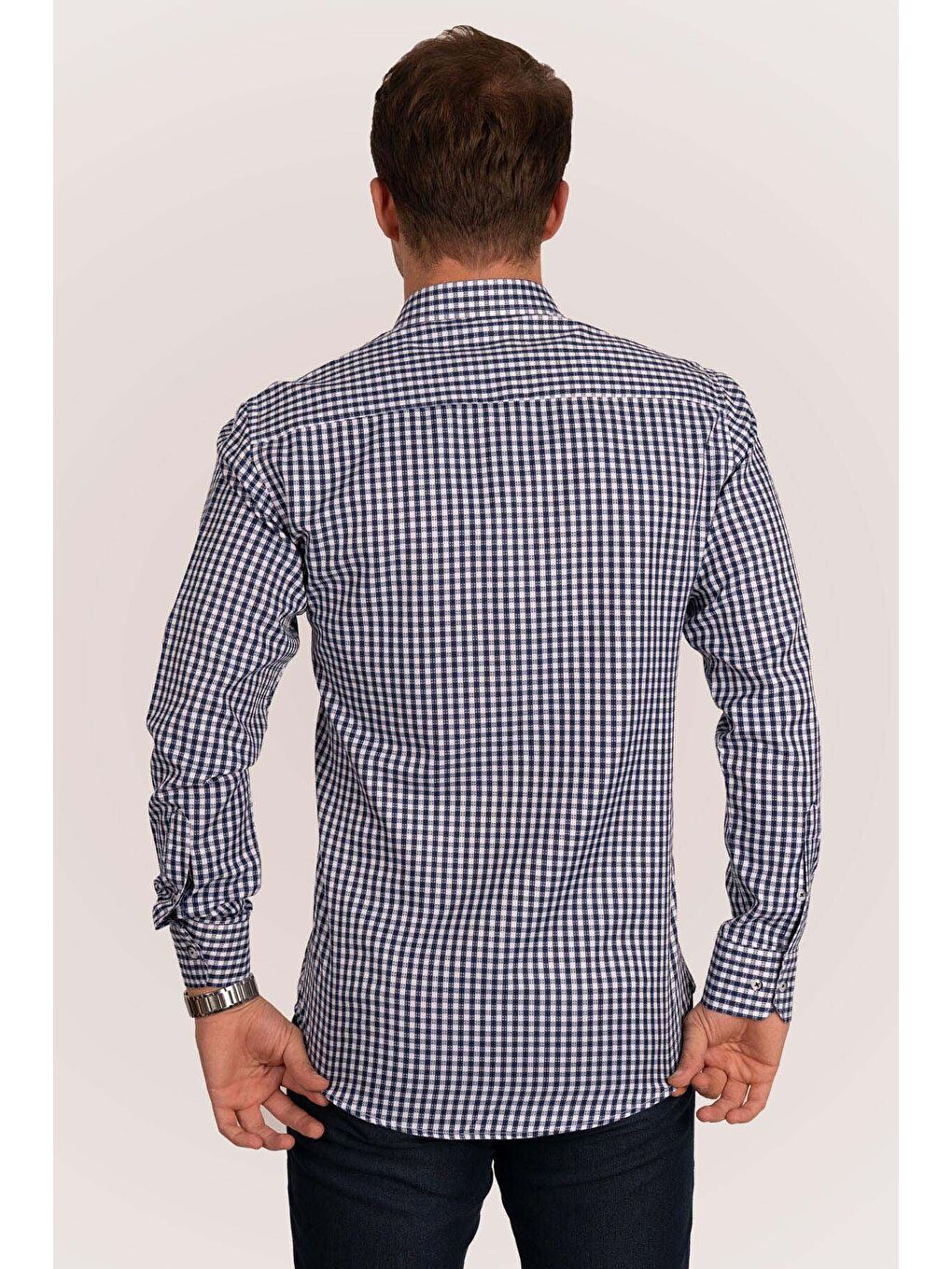 Beyaz Lacivert Kareli Slimfit Erkek Gömlek-5