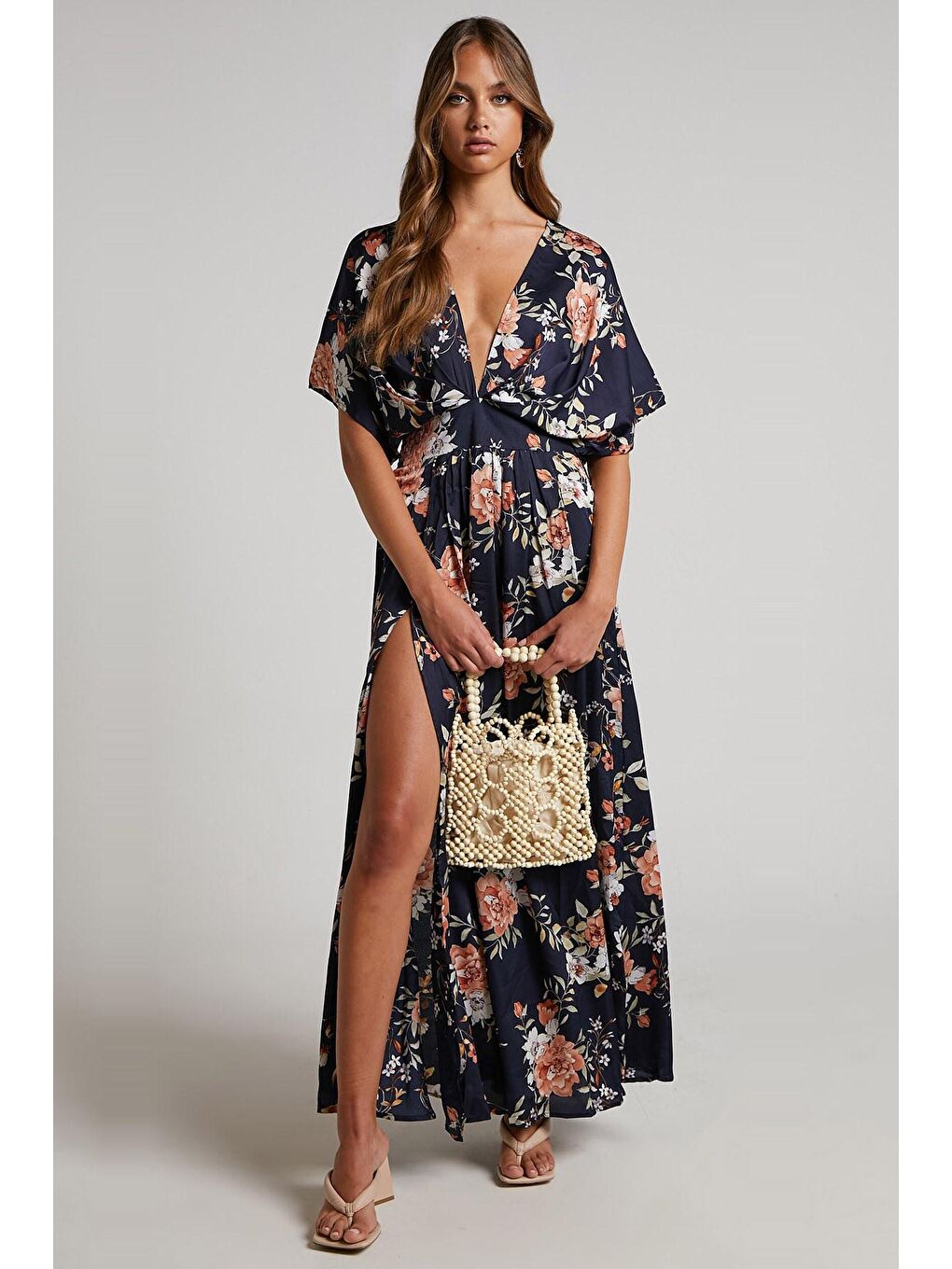 Lacivert Desenli Yırtmaç Detaylı Uzun Elbise Mg1698-2