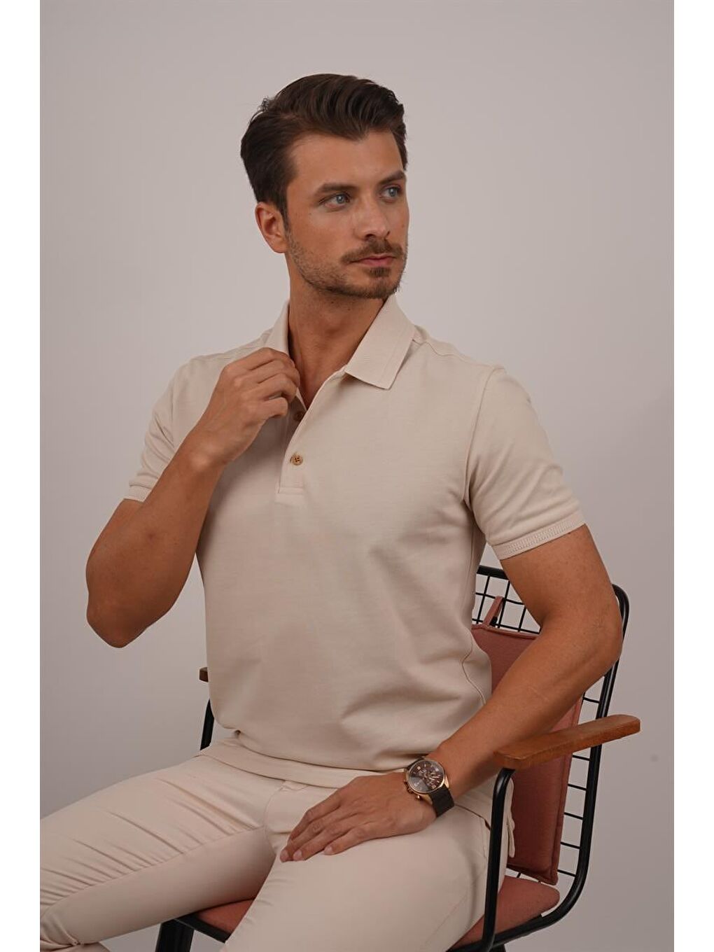 Bej Yaka Desenli Erkek Polo Yaka Tişört-1