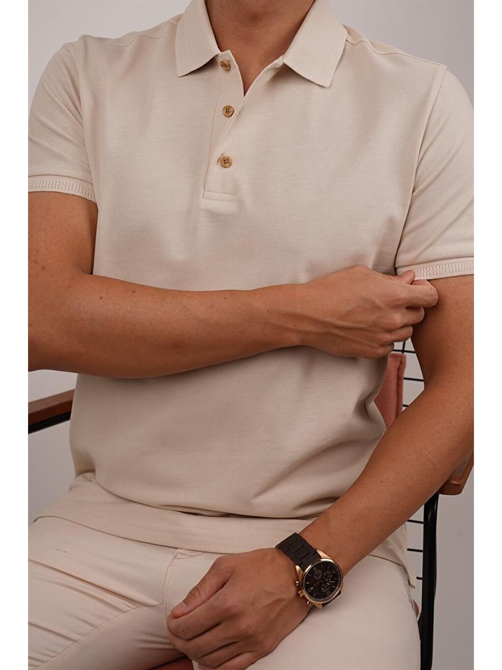 Bej Yaka Desenli Erkek Polo Yaka Tişört-2