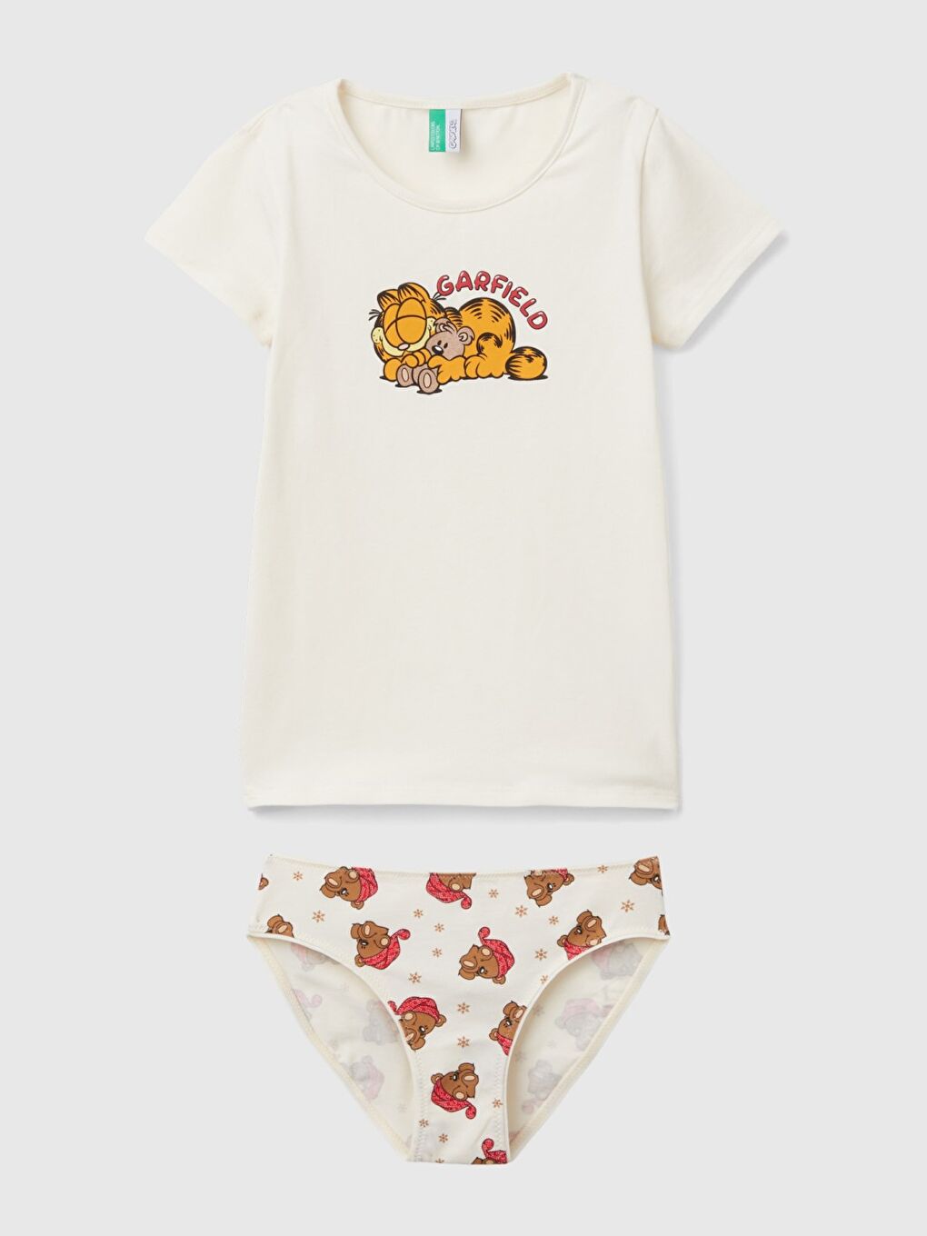 Ekru Kız Çocuk Krem Garfield Baskılı Tişört ve Külot Pijama Takımı