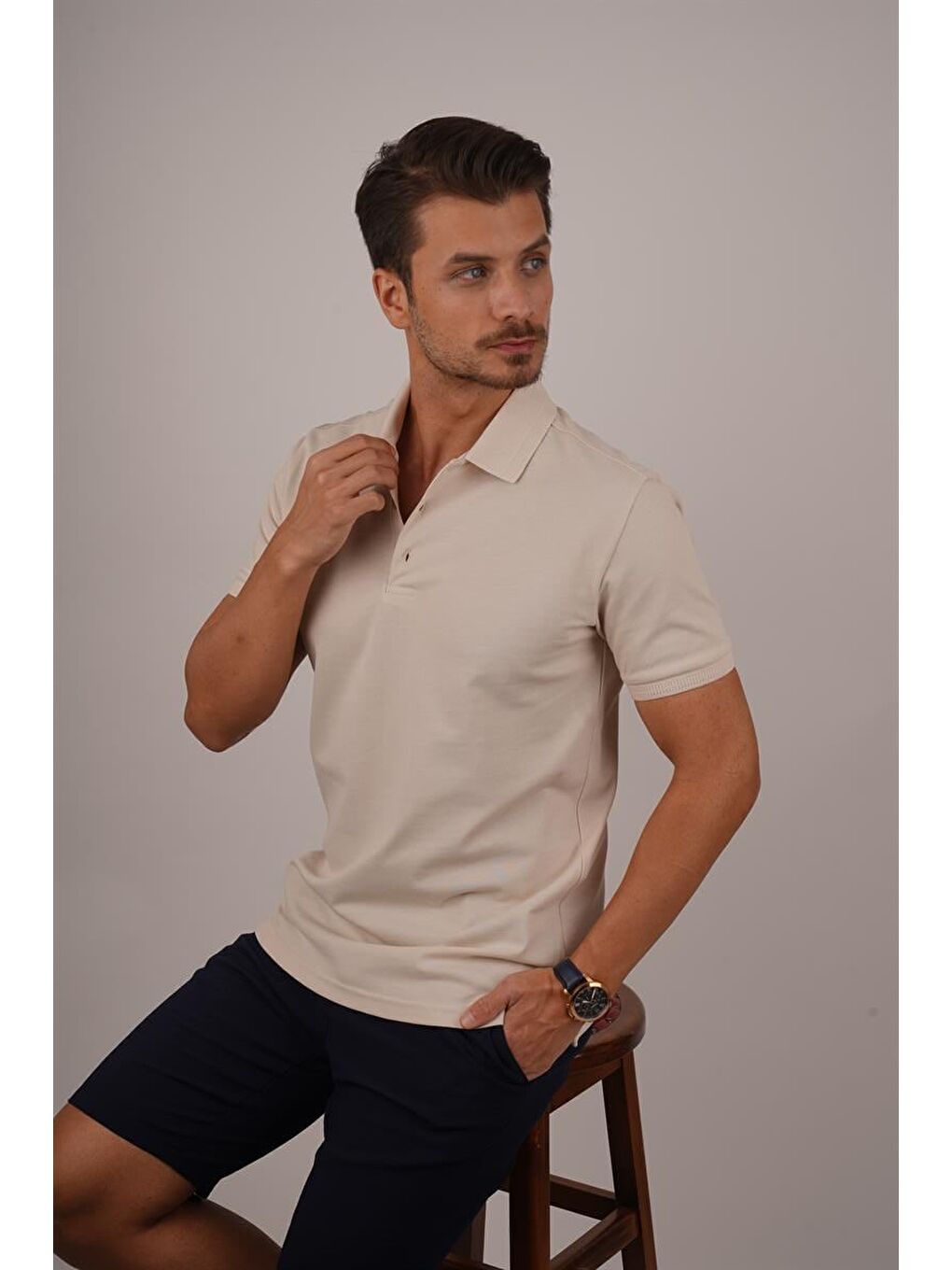 Bej Yaka Desenli Erkek Polo Yaka Tişört-4