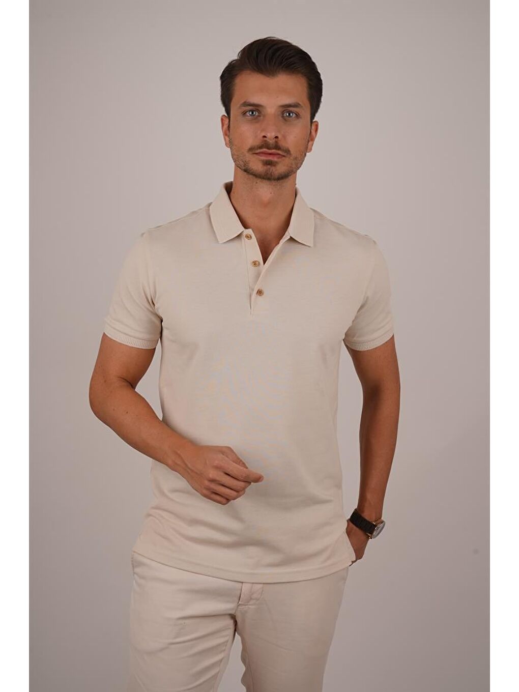 Bej Yaka Desenli Erkek Polo Yaka Tişört-5