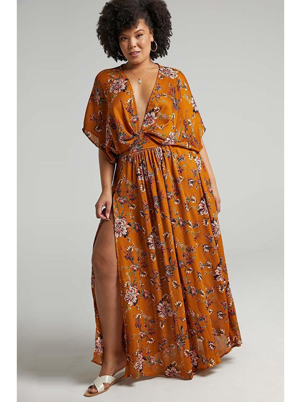 Sarı Hardal Desenli Yırtmaç Detaylı Uzun Elbise Mg1698-1