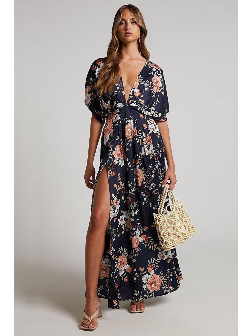 Lacivert Desenli Yırtmaç Detaylı Uzun Elbise Mg1698-4