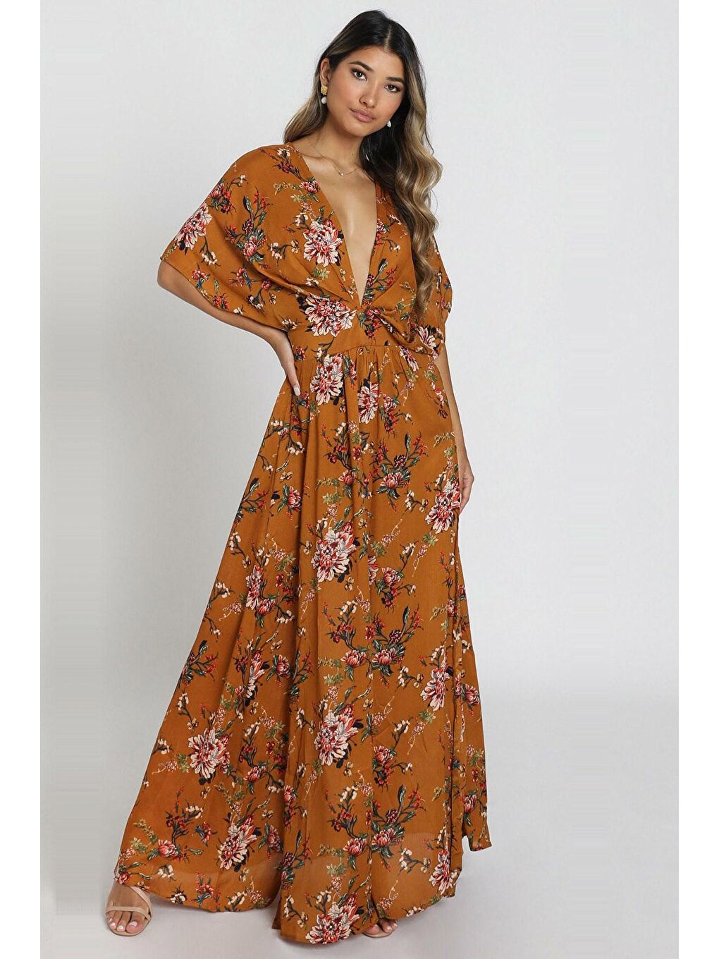 Sarı Hardal Desenli Yırtmaç Detaylı Uzun Elbise Mg1698-4