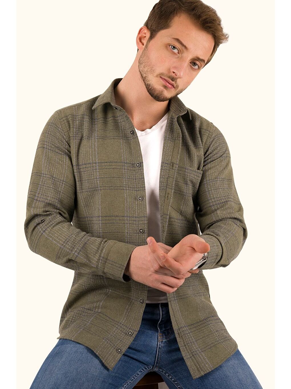 Haki Tek Cepli Slimfit Oduncu Erkek Gömlek