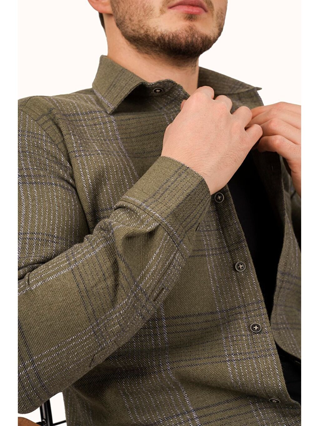 Haki Tek Cepli Slimfit Oduncu Erkek Gömlek-1