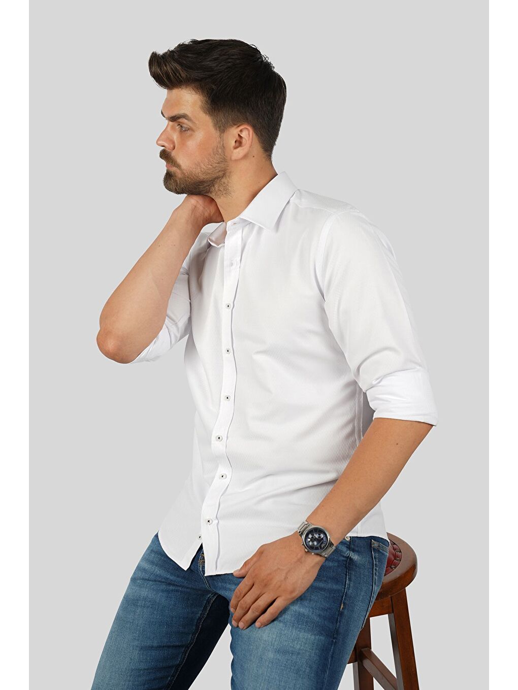Beyaz Baklava Desen Slimfit Erkek Gömlek-1