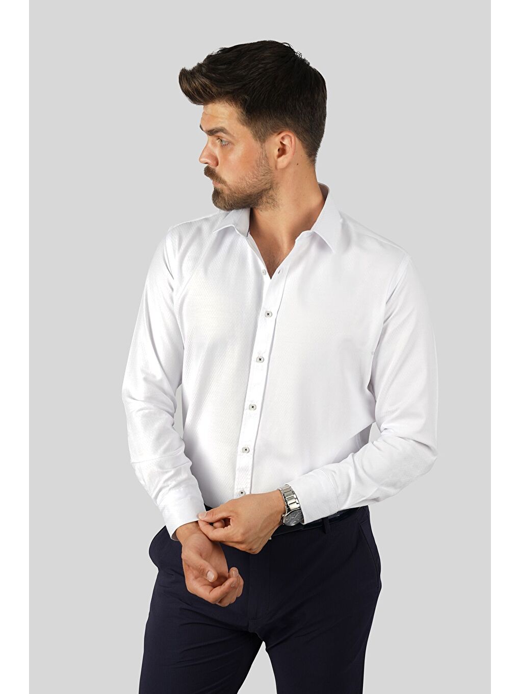 Beyaz Baklava Desen Slimfit Erkek Gömlek-2