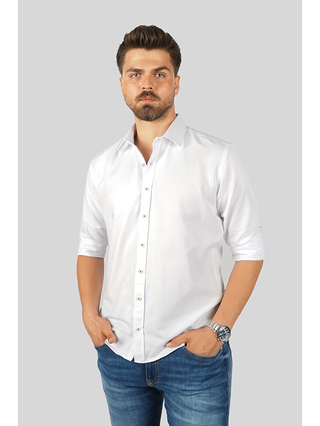 Beyaz Baklava Desen Slimfit Erkek Gömlek-4