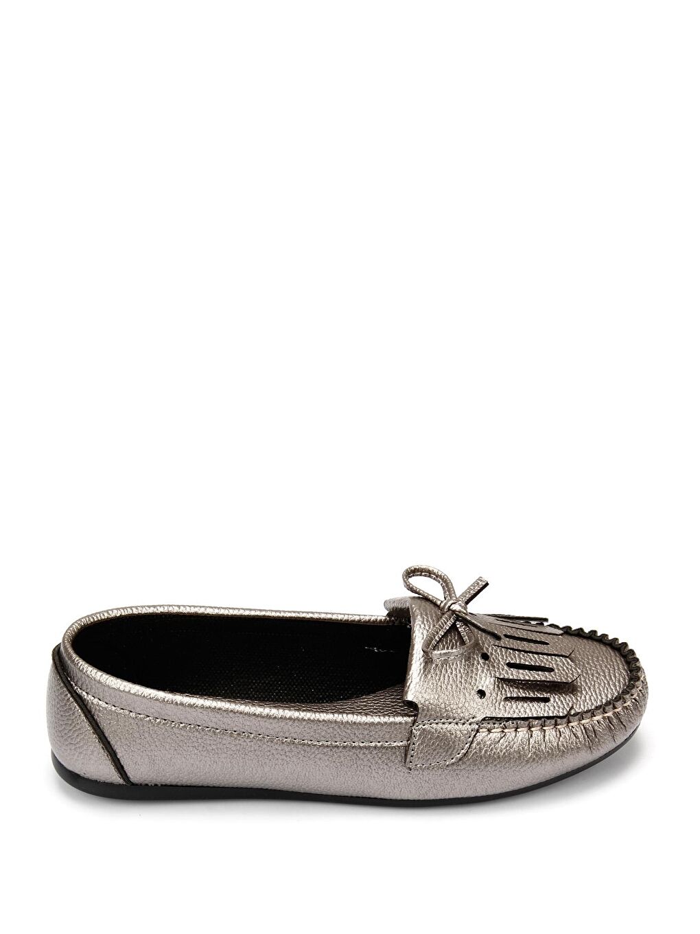 Gri Yuvarlak Burun Düz Taban Püsküllü Fiyonklu Kadın Babet 30226-3