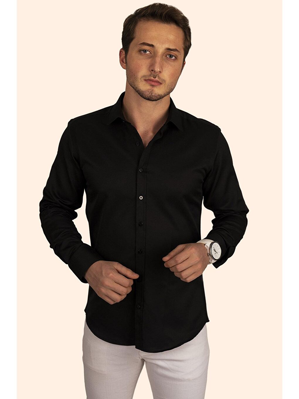 Siyah Armür Desenli Slimfit Erkek Gömlek-1