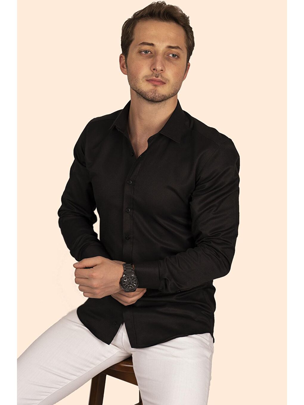 Siyah Armür Desenli Slimfit Erkek Gömlek-2