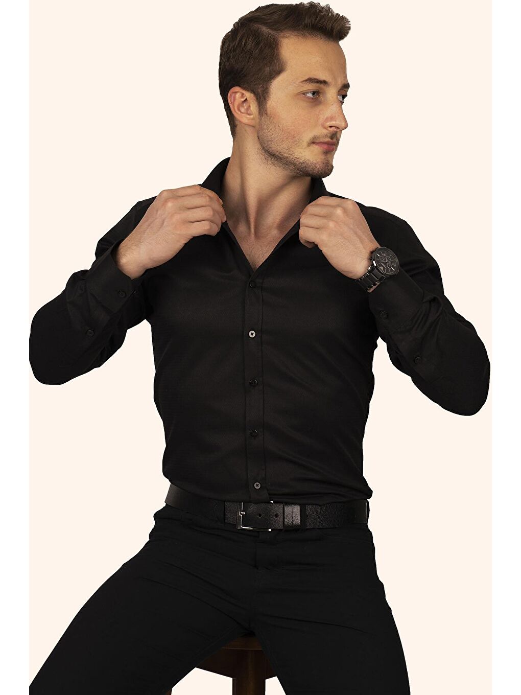 Siyah Armür Desenli Slimfit Erkek Gömlek-3