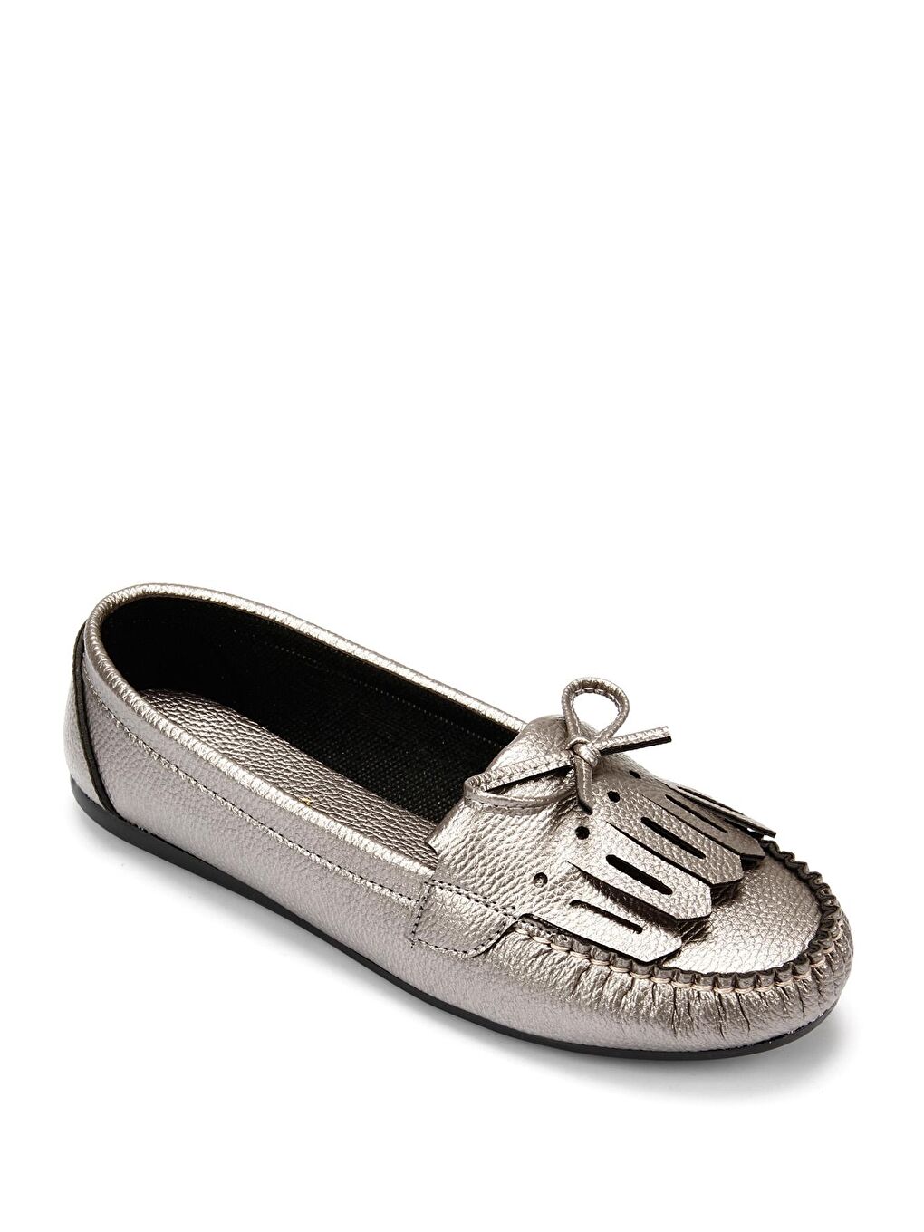 Gri Yuvarlak Burun Düz Taban Püsküllü Fiyonklu Kadın Babet 30226-4