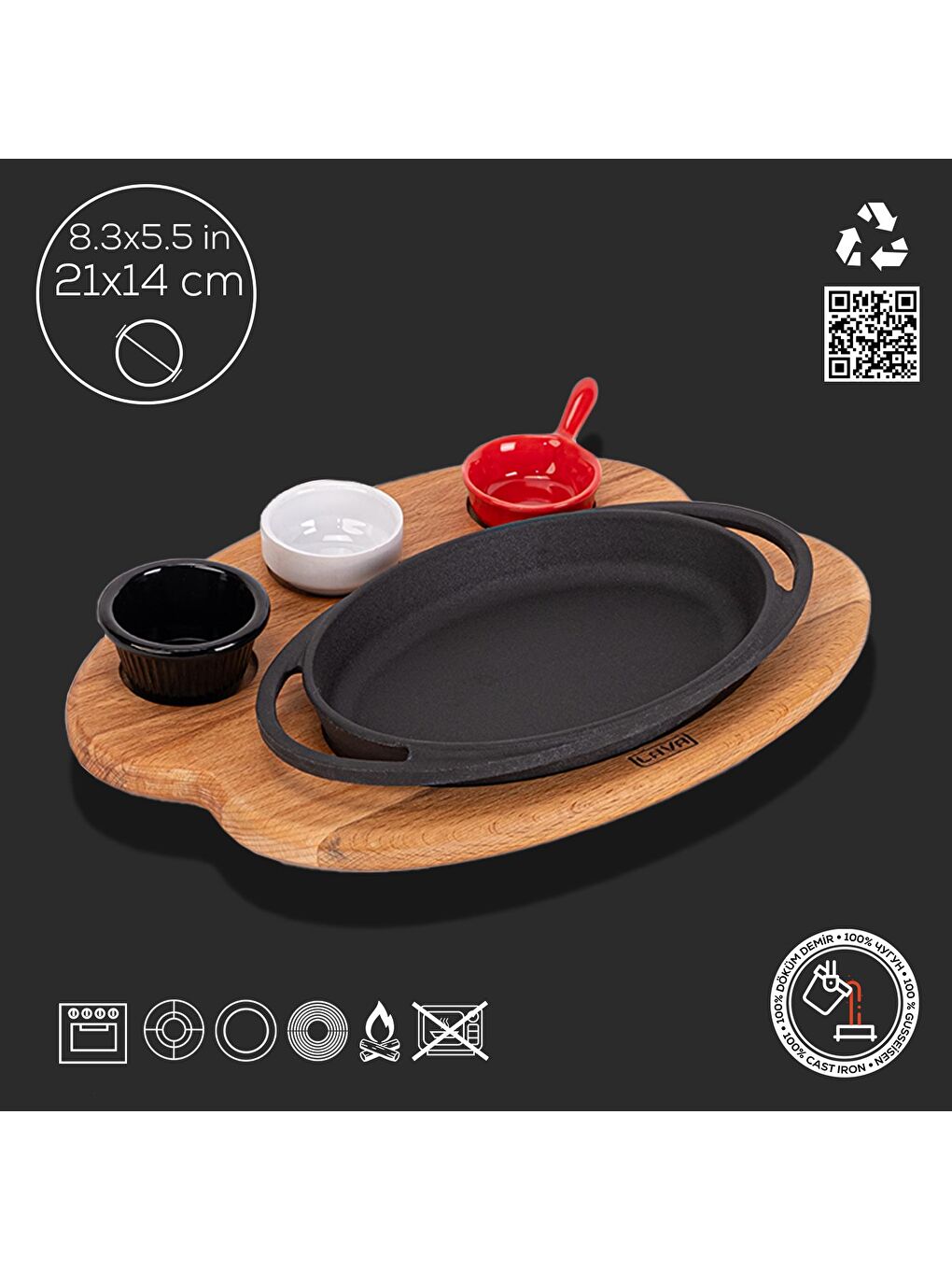 Siyah Oval Sahan Döküm Demir Yekpare Çift Kulplu Kayın Servis Ahşabı Ölçü 21x14cm.-1