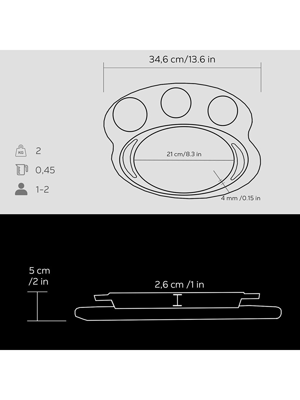 Siyah Oval Sahan Döküm Demir Yekpare Çift Kulplu Kayın Servis Ahşabı Ölçü 21x14cm.-2