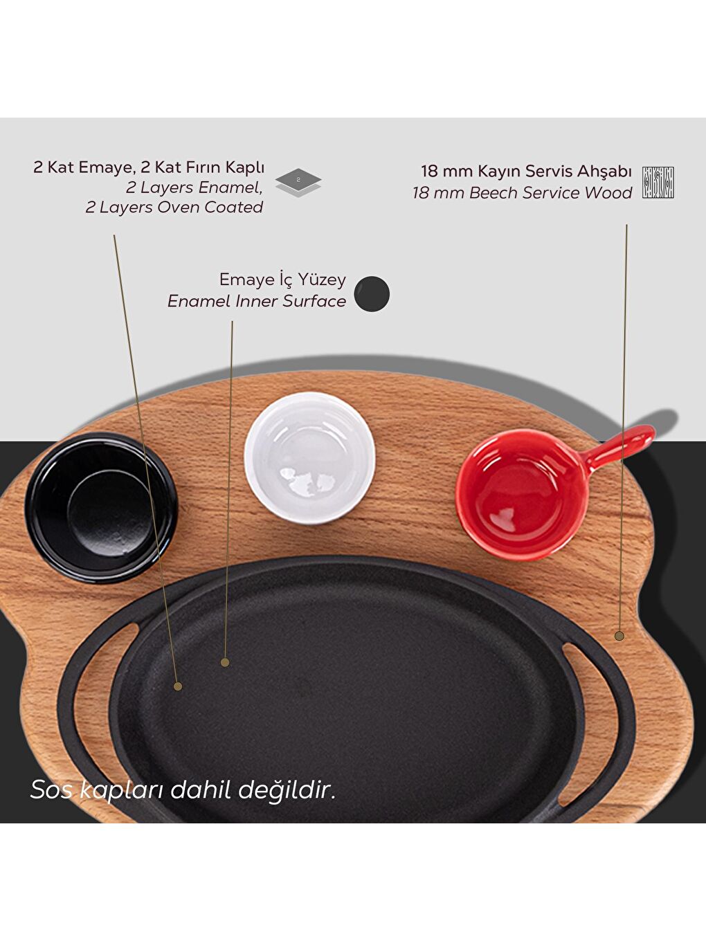 Siyah Oval Sahan Döküm Demir Yekpare Çift Kulplu Kayın Servis Ahşabı Ölçü 21x14cm.-3