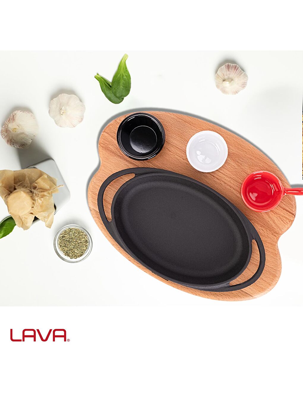 Siyah Oval Sahan Döküm Demir Yekpare Çift Kulplu Kayın Servis Ahşabı Ölçü 21x14cm.-4