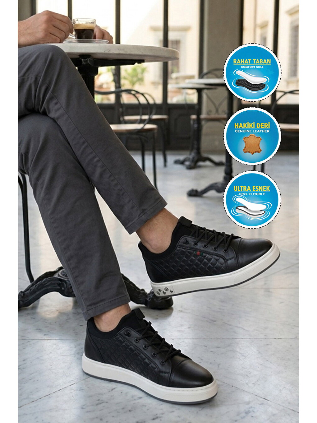 Siyah Hakiki Deri Kroko Desenli Rahat Erkek Casual Ayakkabı Sneaker 6424-1 M-2
