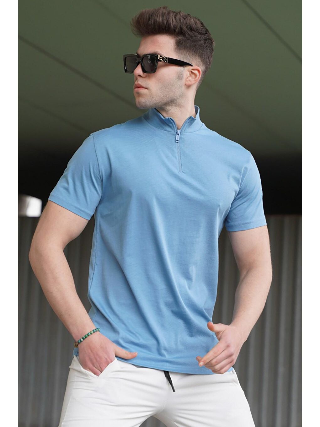 Madmext Mavi Yarım Balıkçı Erkek Tişört 5282