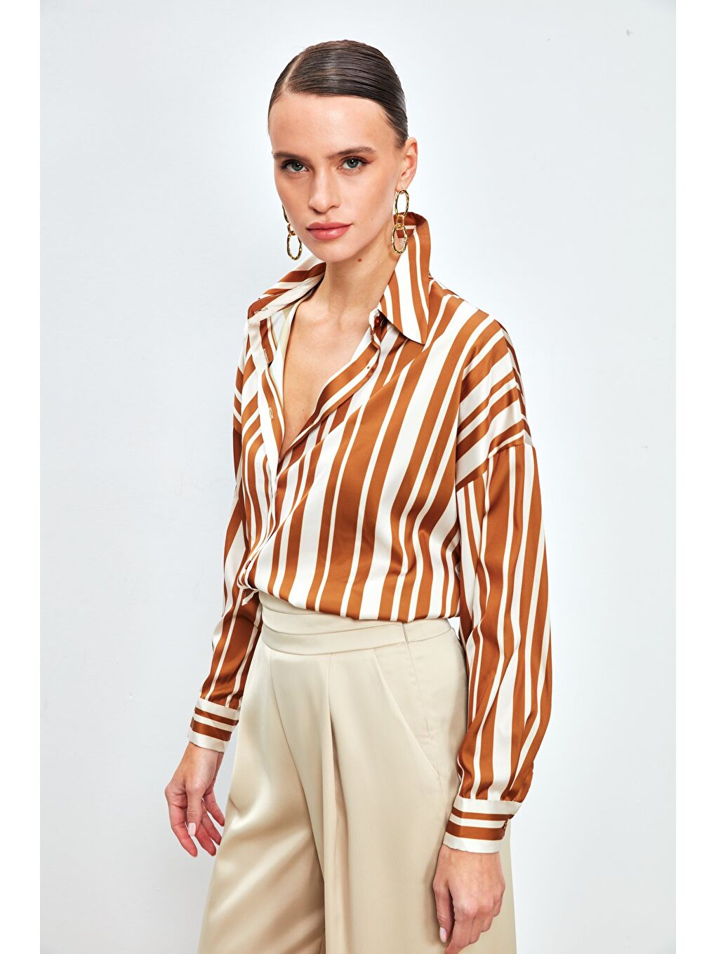 Kahverengi Çizgili Salaş Gömlek - Kahve