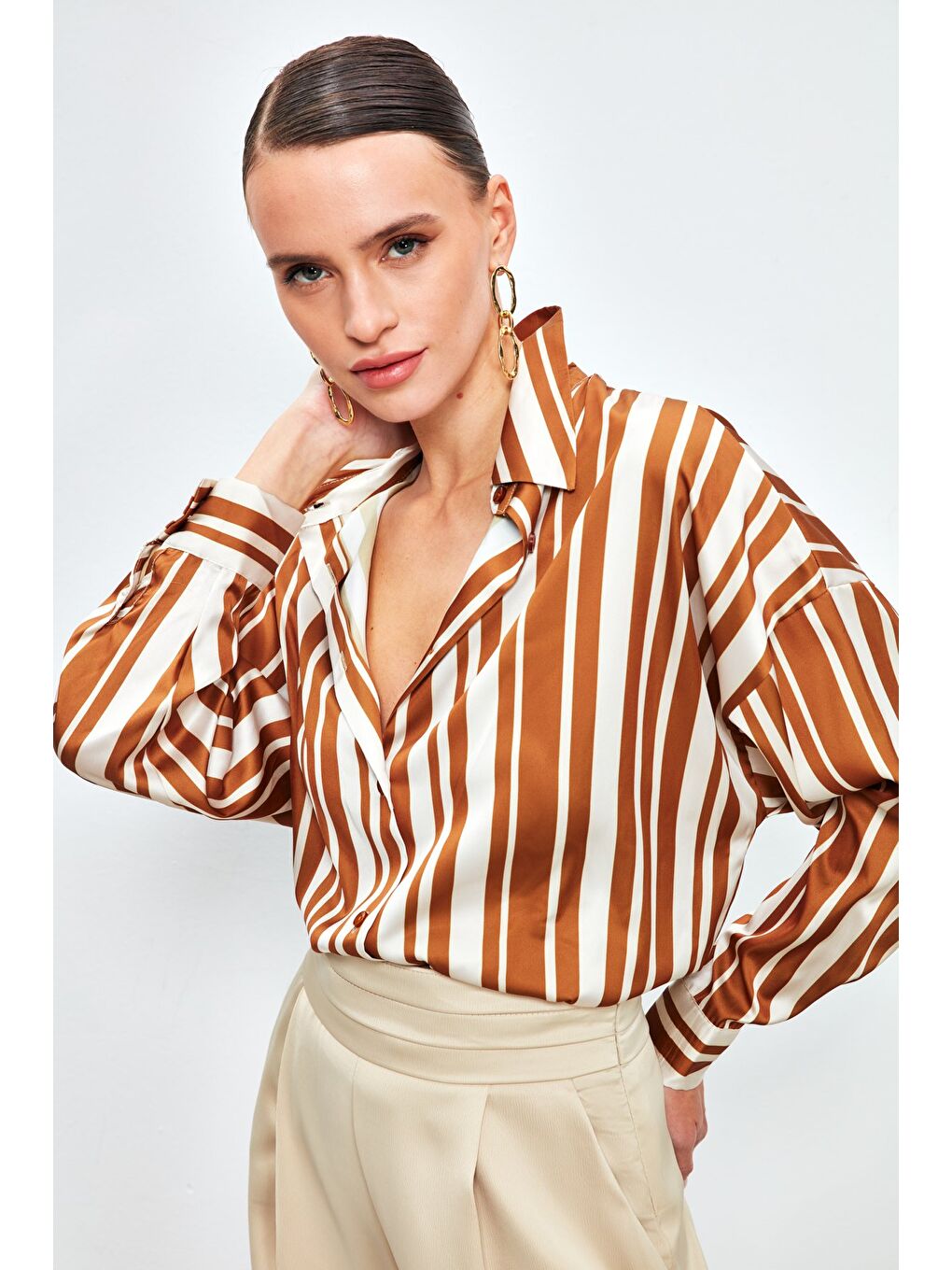 Kahverengi Çizgili Salaş Gömlek - Kahve-1