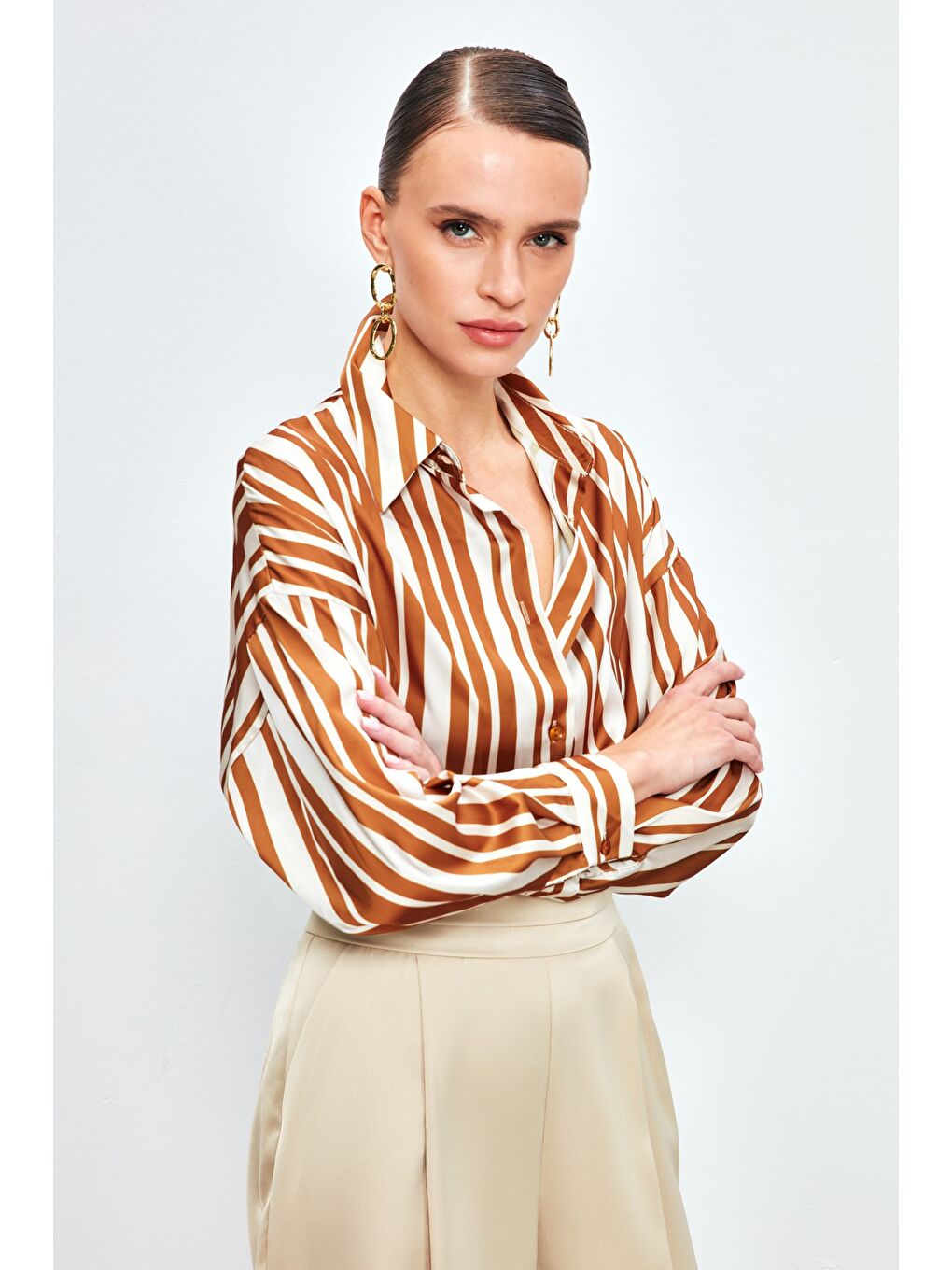 Kahverengi Çizgili Salaş Gömlek - Kahve-2