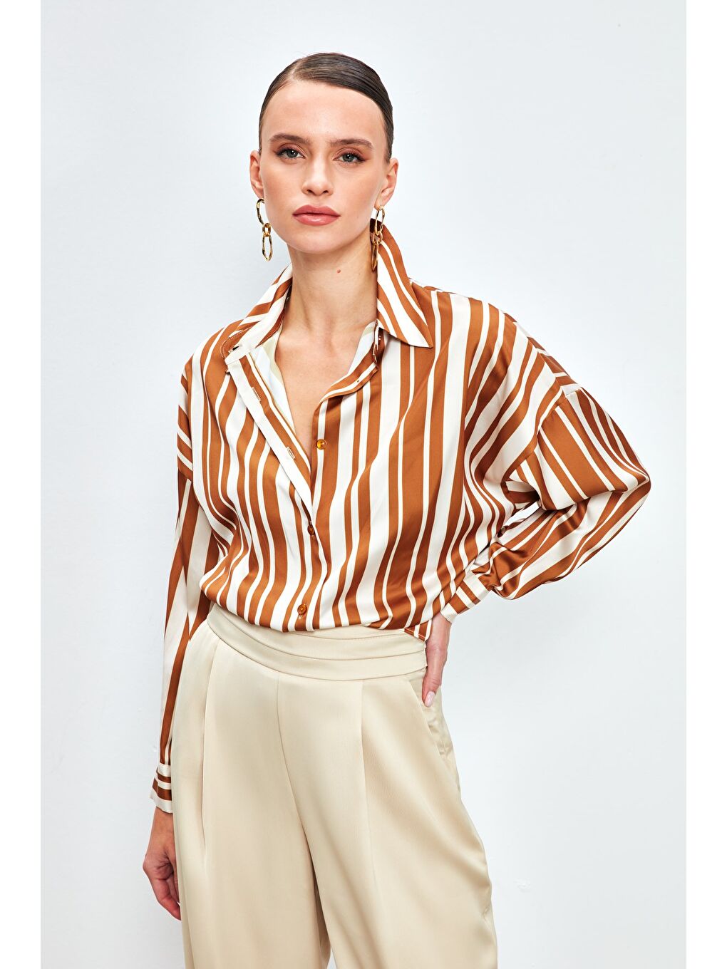 Kahverengi Çizgili Salaş Gömlek - Kahve-4