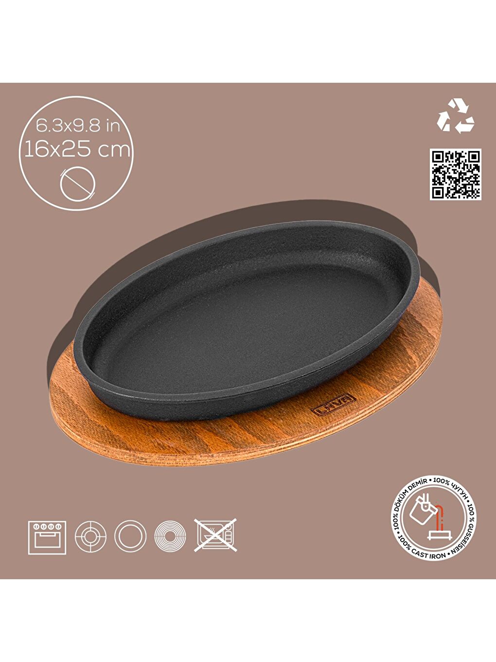 Siyah Oval Servis Tabağı ve Ahşap Altlık 16x25 cm-1