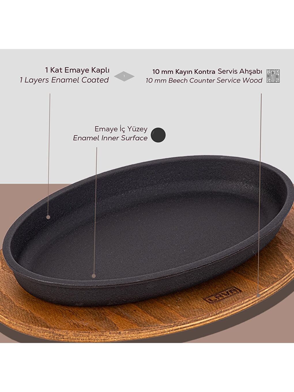 Siyah Oval Servis Tabağı ve Ahşap Altlık 16x25 cm-3