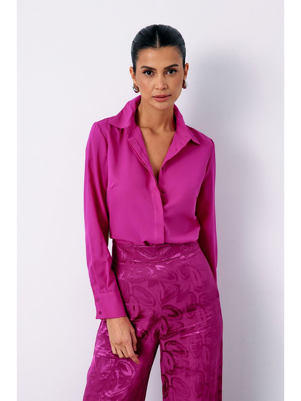 Klasik Düz Gömlek - Fuşya-1