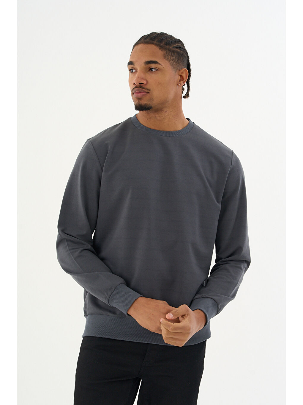 Antrasit Erkek Gri Bisiklet Yaka Ribanalı Regular Fit Sweatshirt spr26swk930