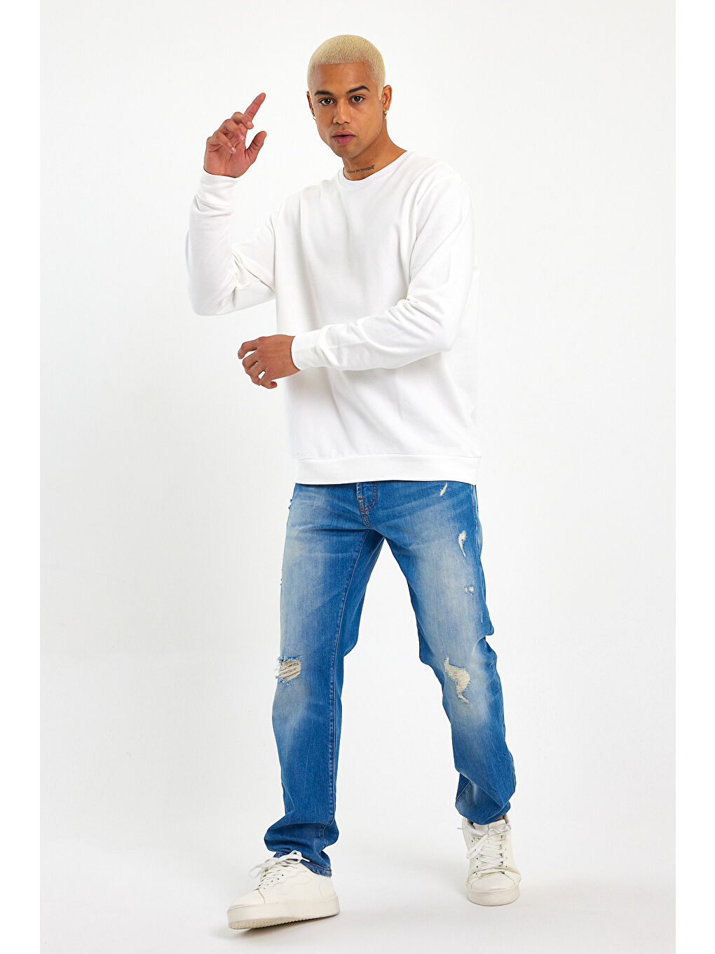 Ekru Erkek Gri Bisiklet Yaka Ribanalı Regular Fit Sweatshirt spr26swk930-3