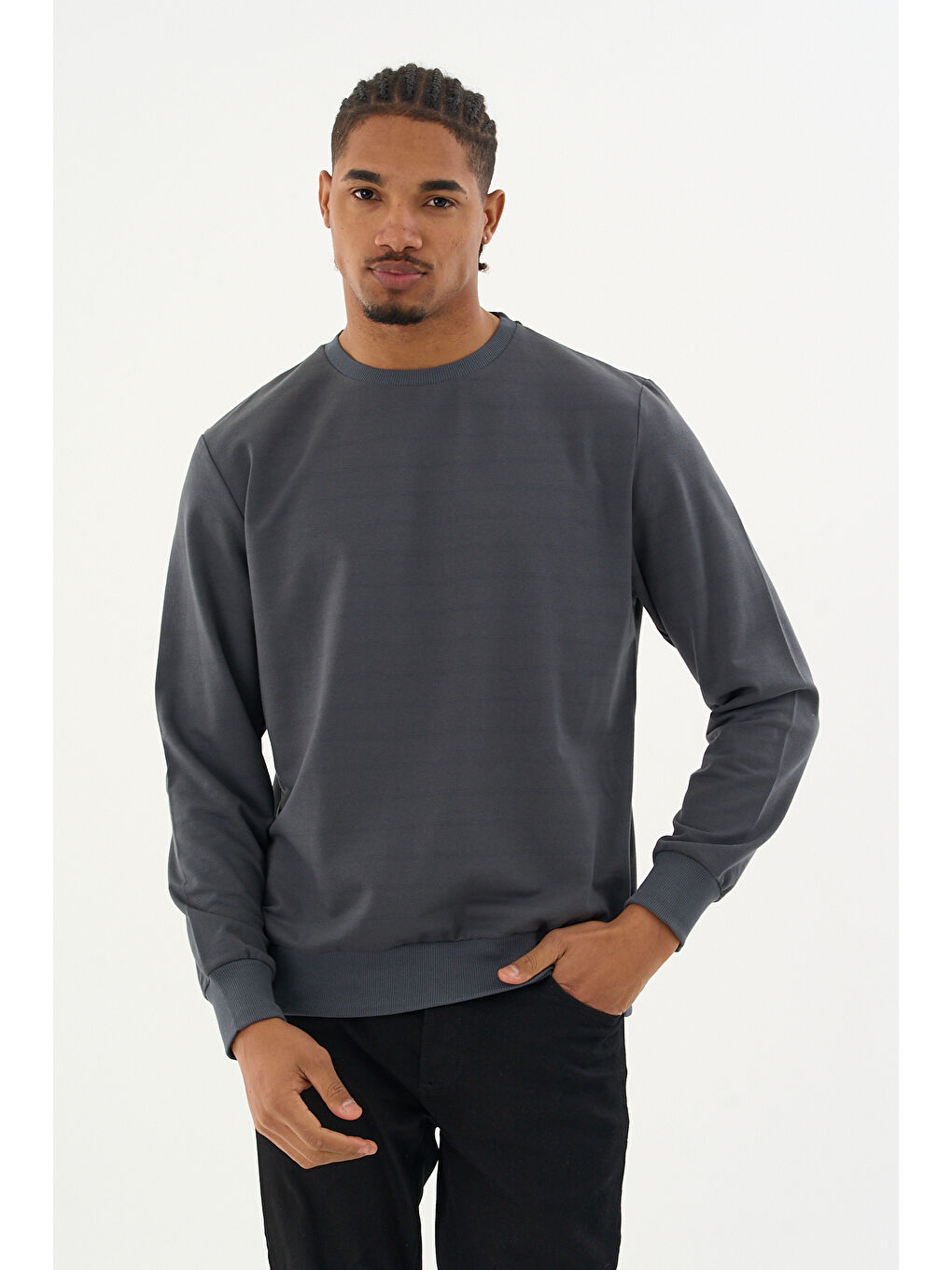 Antrasit Erkek Gri Bisiklet Yaka Ribanalı Regular Fit Sweatshirt spr26swk930-1