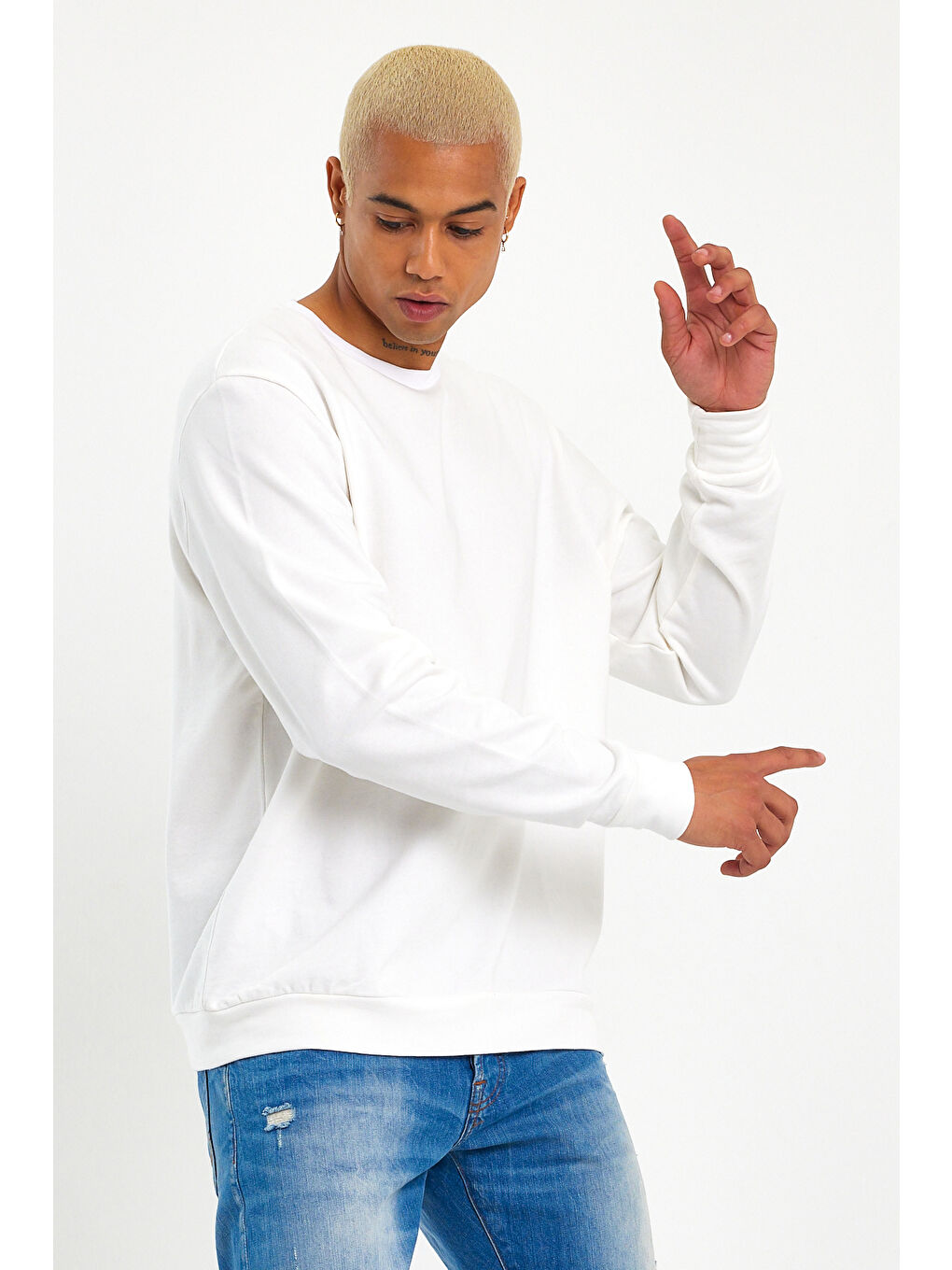 Ekru Erkek Gri Bisiklet Yaka Ribanalı Regular Fit Sweatshirt spr26swk930-4