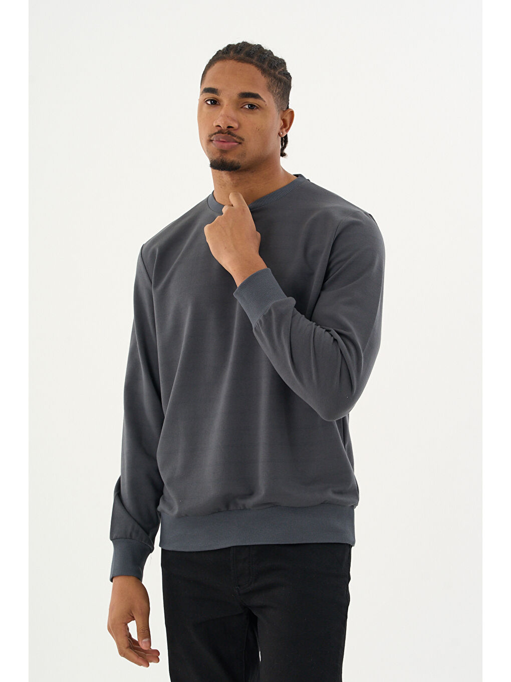 Antrasit Erkek Gri Bisiklet Yaka Ribanalı Regular Fit Sweatshirt spr26swk930-2