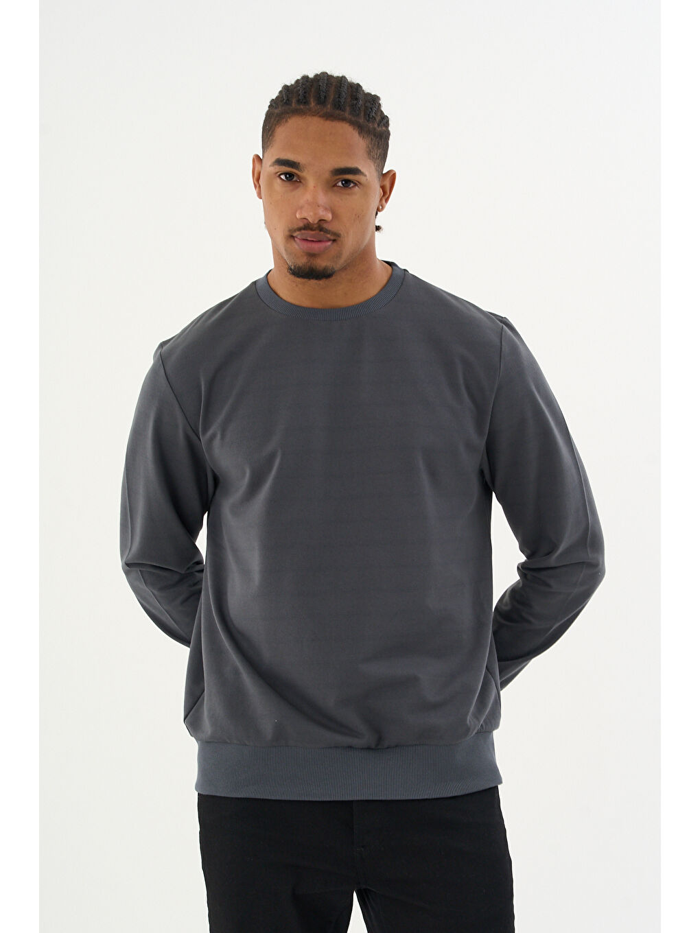 Antrasit Erkek Gri Bisiklet Yaka Ribanalı Regular Fit Sweatshirt spr26swk930-3