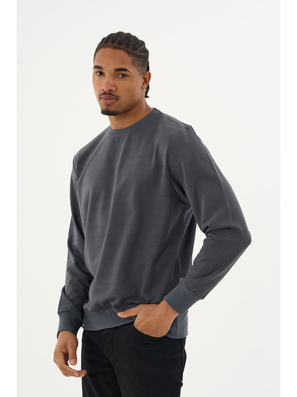 Antrasit Erkek Gri Bisiklet Yaka Ribanalı Regular Fit Sweatshirt spr26swk930-4