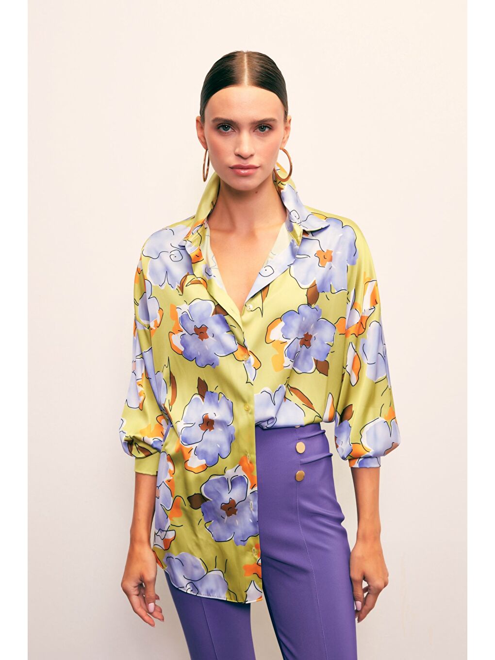 Yeşil Çiçek Desenli Oversize Gömlek - Olive