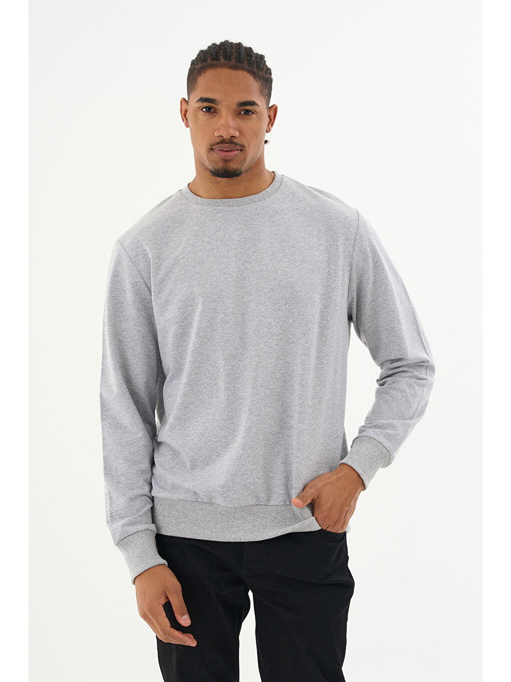 Erkek Gri Bisiklet Yaka Ribanalı Regular Fit Sweatshirt spr26swk930-1