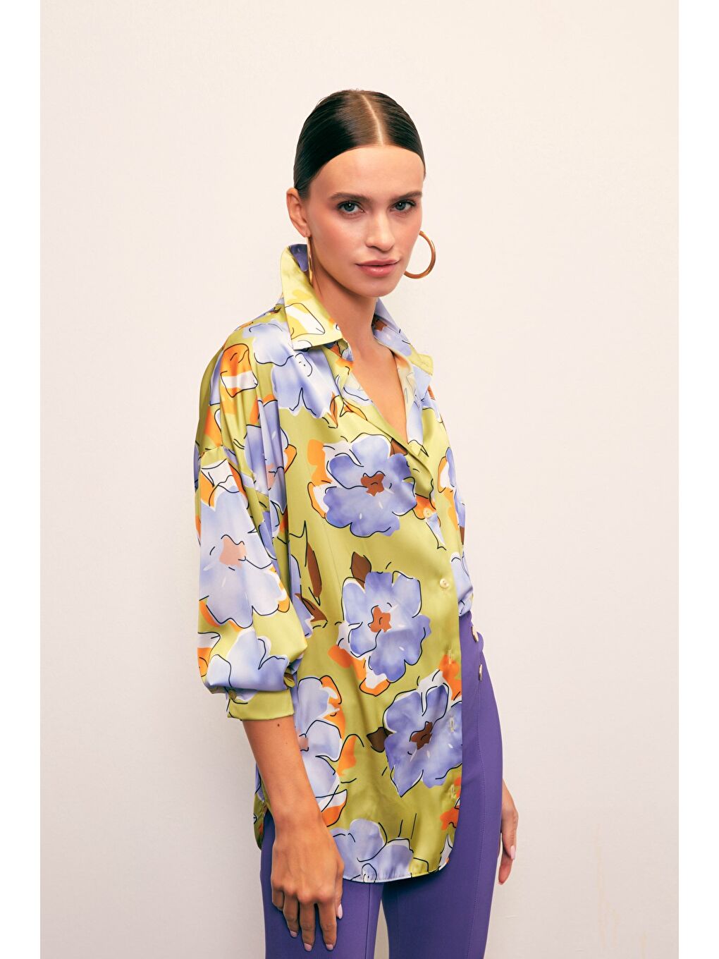 Yeşil Çiçek Desenli Oversize Gömlek - Olive-1