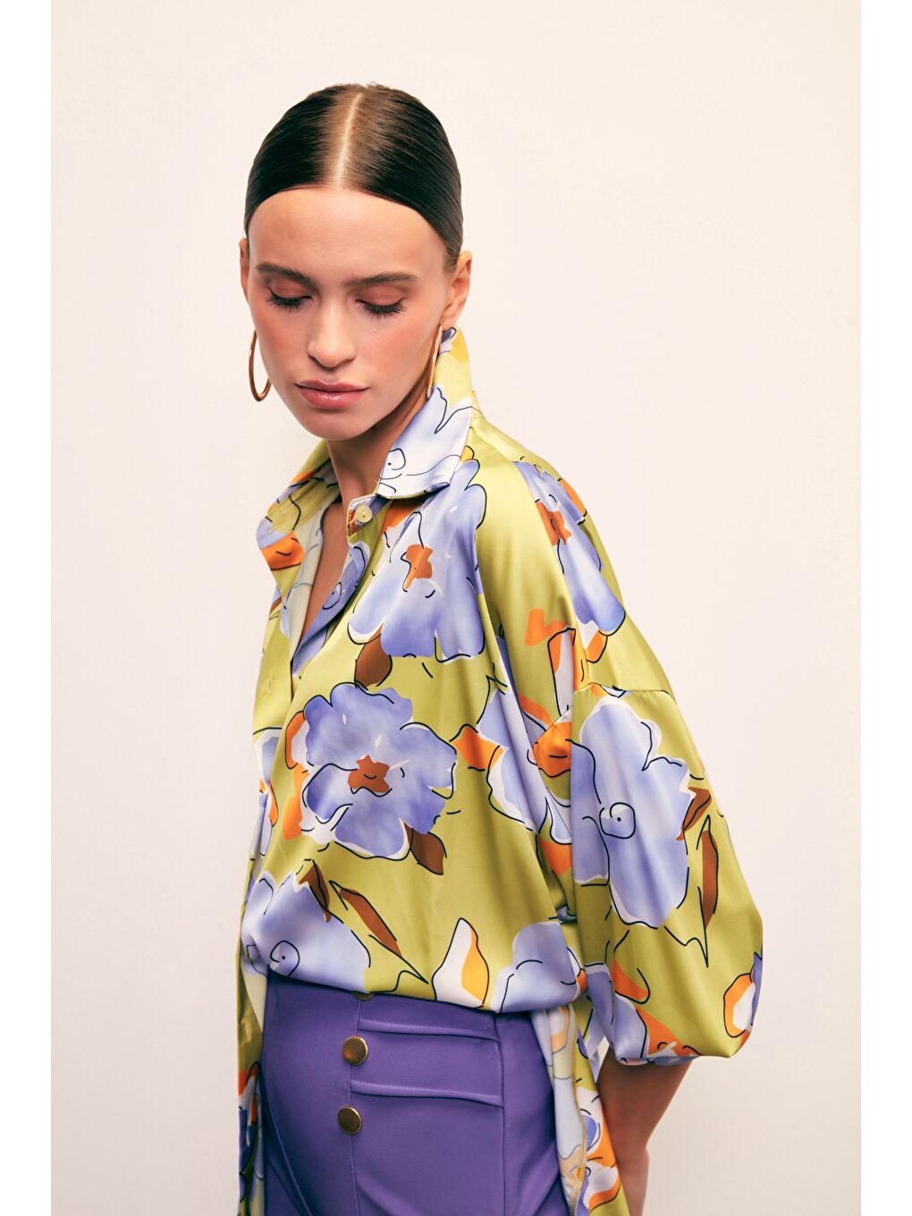 Yeşil Çiçek Desenli Oversize Gömlek - Olive-2