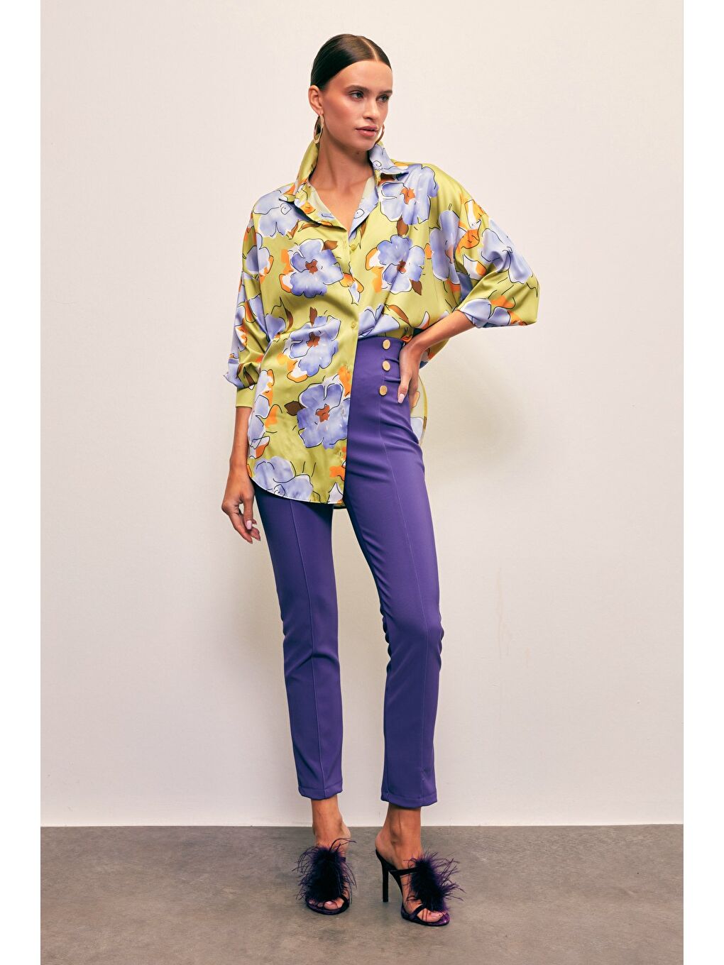 Yeşil Çiçek Desenli Oversize Gömlek - Olive-3