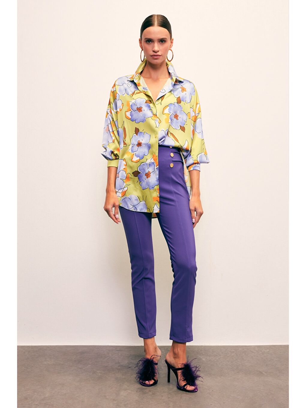 Yeşil Çiçek Desenli Oversize Gömlek - Olive-4